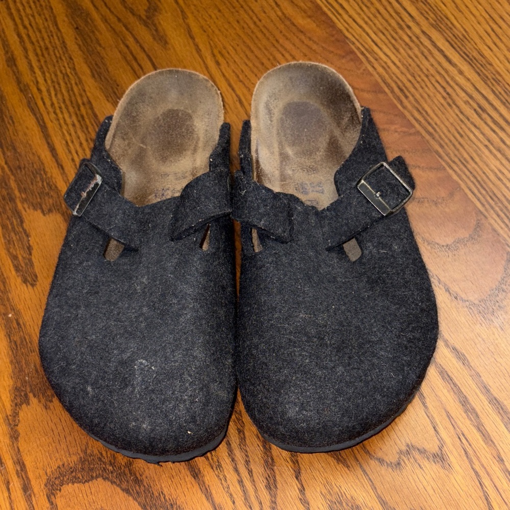 Birkenstock Dark Gray Wool Boston Clogs Mules Slip On 37 wide US 6 6.5